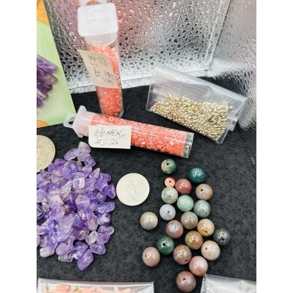 Lot of Jewelry Making Bead mix Amethyst Gemstone Chips Jade shell olive wood Hex